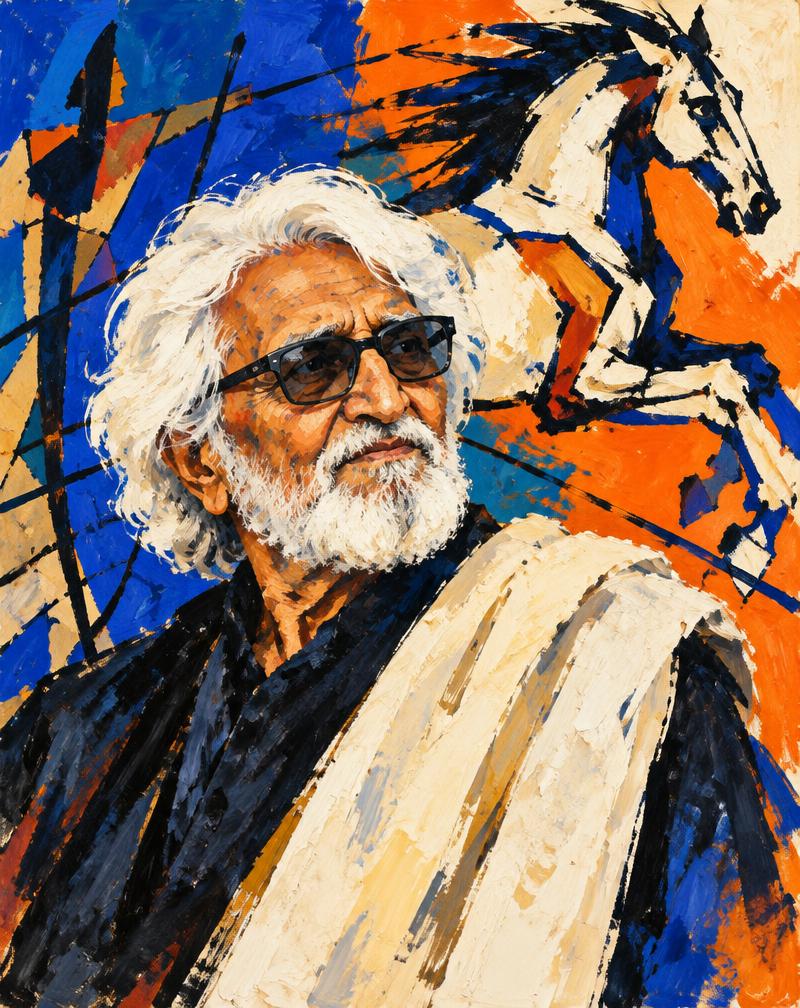 AI-illustrated tribute to M.F. Husain